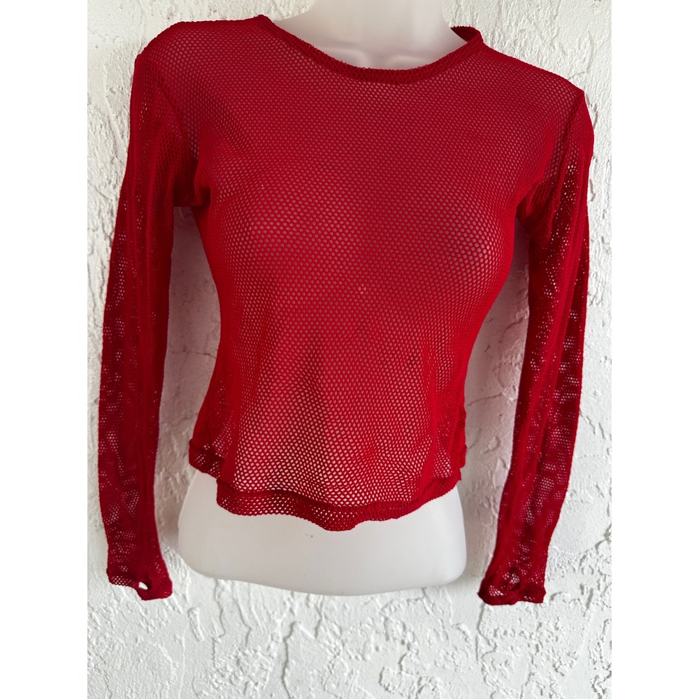 Monster Red Fishnet Mesh Long Sleeve Crop Top Crew Neck Sheer Festival S/M